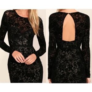 Lulus Black Flocked Floral Long Sleeve Mini Dress – Lined – Size L